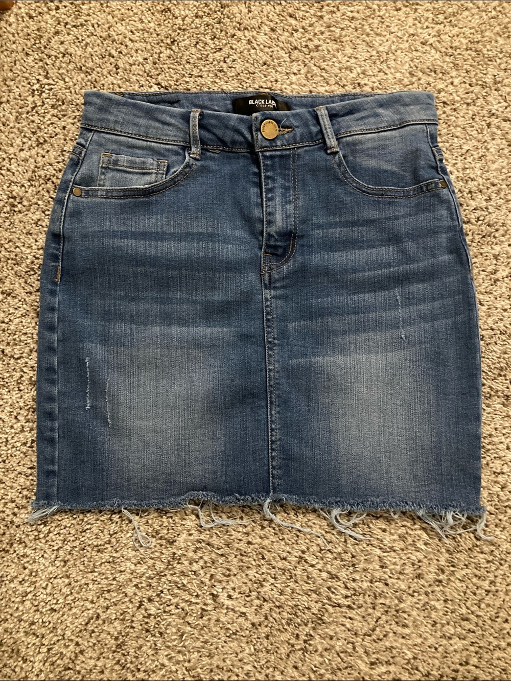 Black Label Blue Denim Frayed-Hem Mini Skirt